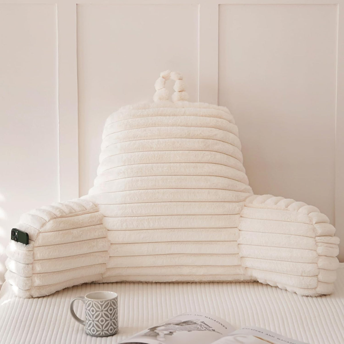 Large Reading Pillow for Adults, Back Support Pillow for Sitting Up in Bed with Arms, Couch for Lounging Bedrest, Pink