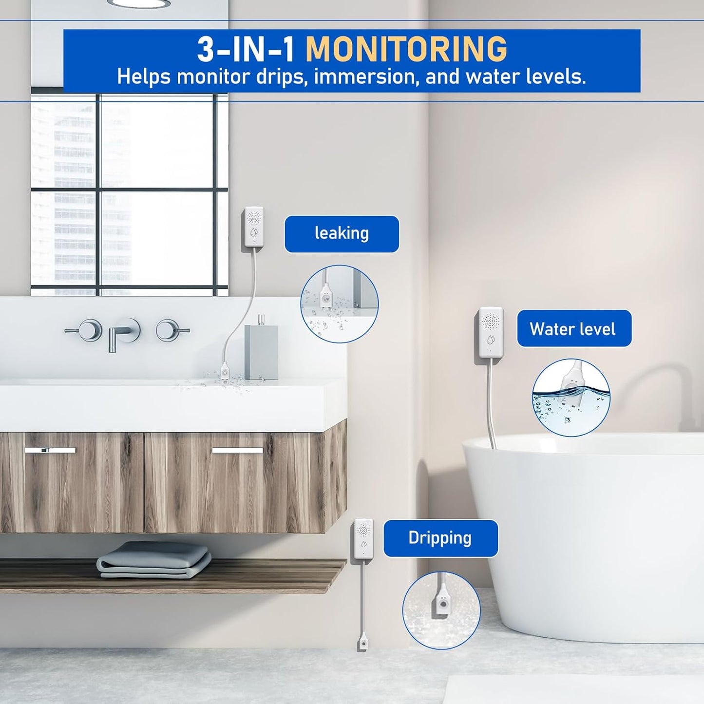 BSEED WiFi Water Leak Detector, Smart Water Sensor with Cable, 85dB Audio/App/SMS/Email Alarm, Rapid Leak Detection for Home, Kitchen, Bathroom, Basement, IP65 Waterproof, No Hub Required,1 Pack