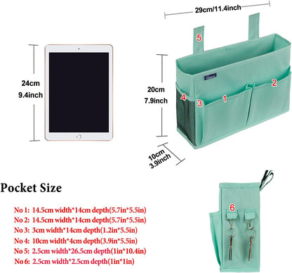 Surblue Bedside Caddy Hanging Organizer Storage Bag Pocket for Bunk, Hospital, College Dorm Rooms, Baby Bed Rails, Camp - 4 Pockets, 2 Hooks (Blue)