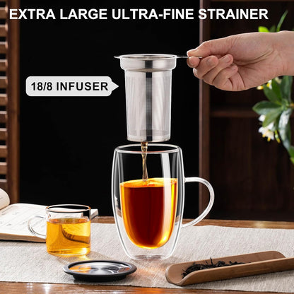 Baalaka Tea Infuser Mug, 16 fl oz Double-Wall Glass for Loose Leaf Tea