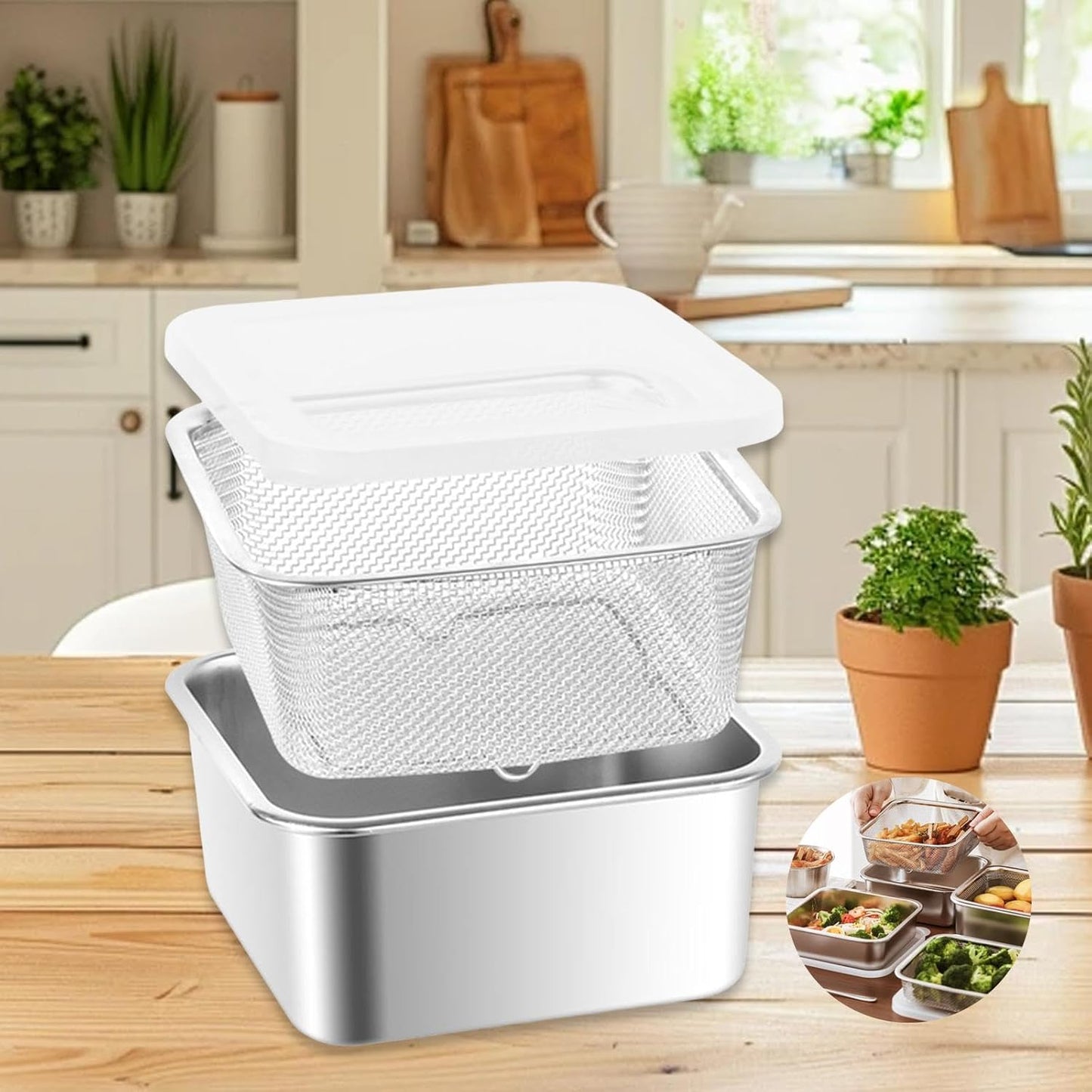 Stainless Steel Food Container with Strainer Colander Set Fridge Organizer Bin Multifunctional Kitchen Drain Basket for Lettuce Fruits, Vegetables, 1500ml