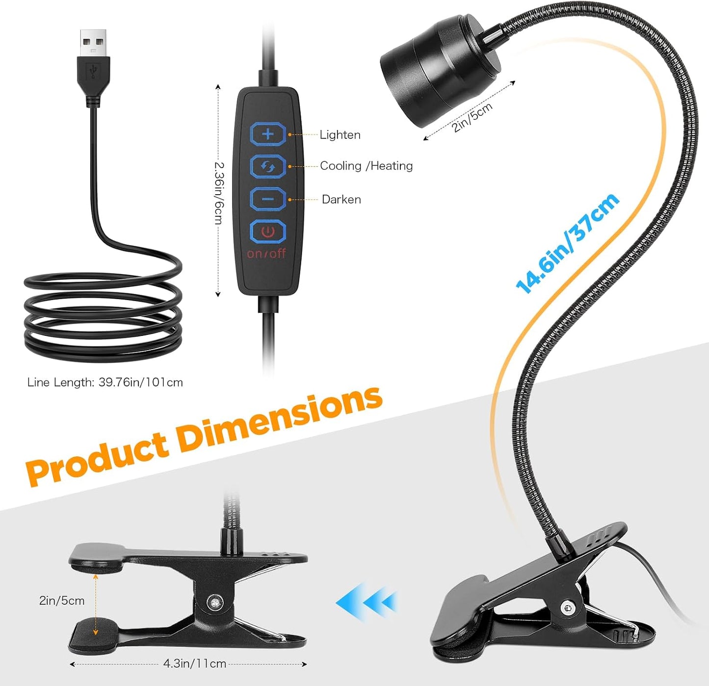 LED Reading Lights for Bed Headboard, Zoomable Clip Light with 360° Flexible Gooseneck, 3 Color Modes & 10 Brightness Levels, USB Powered Book Light for Headboard, Desk, Dorm & Study