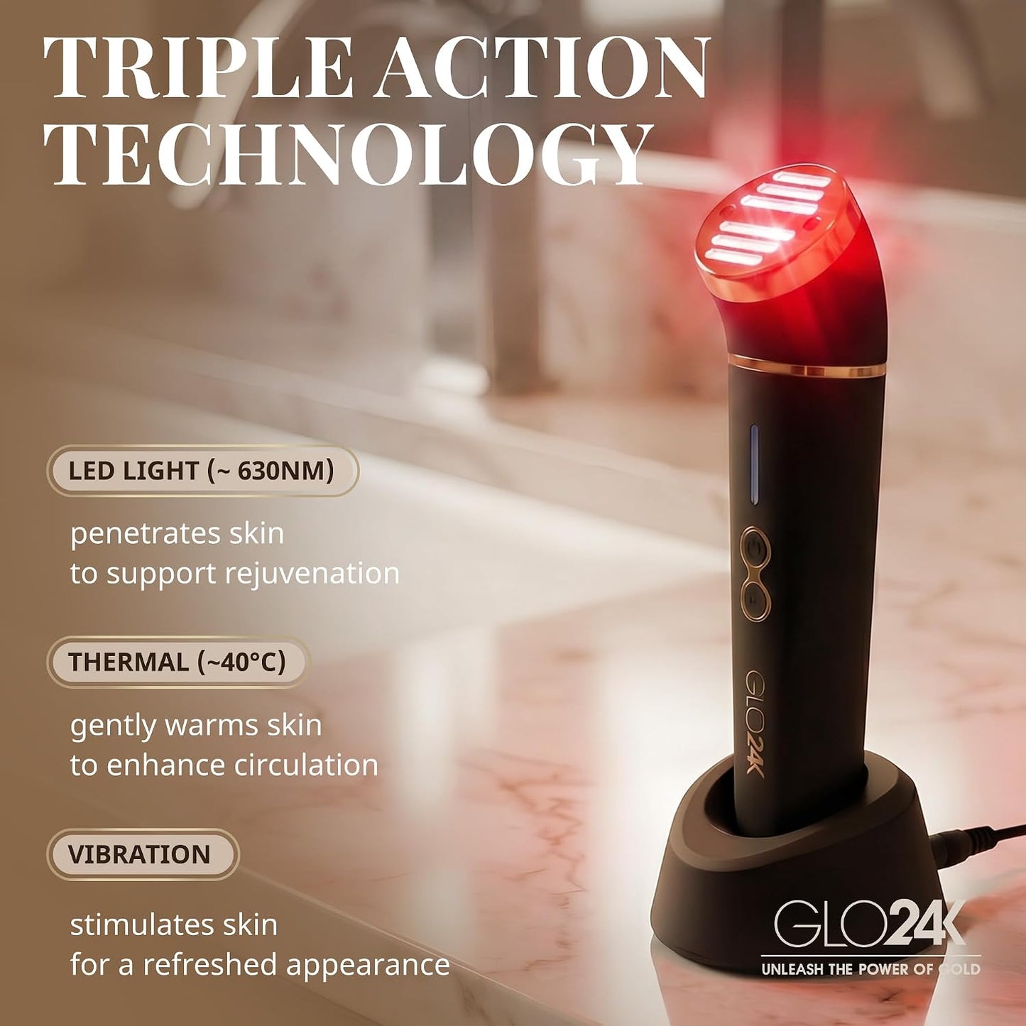 GLO24K Heated Eye Wand & Eye Massager Tool - Gentle Warmth & Vibration for Smoother-Looking Skin, Refreshing Under-Eyes Massage, Portable Beauty Device