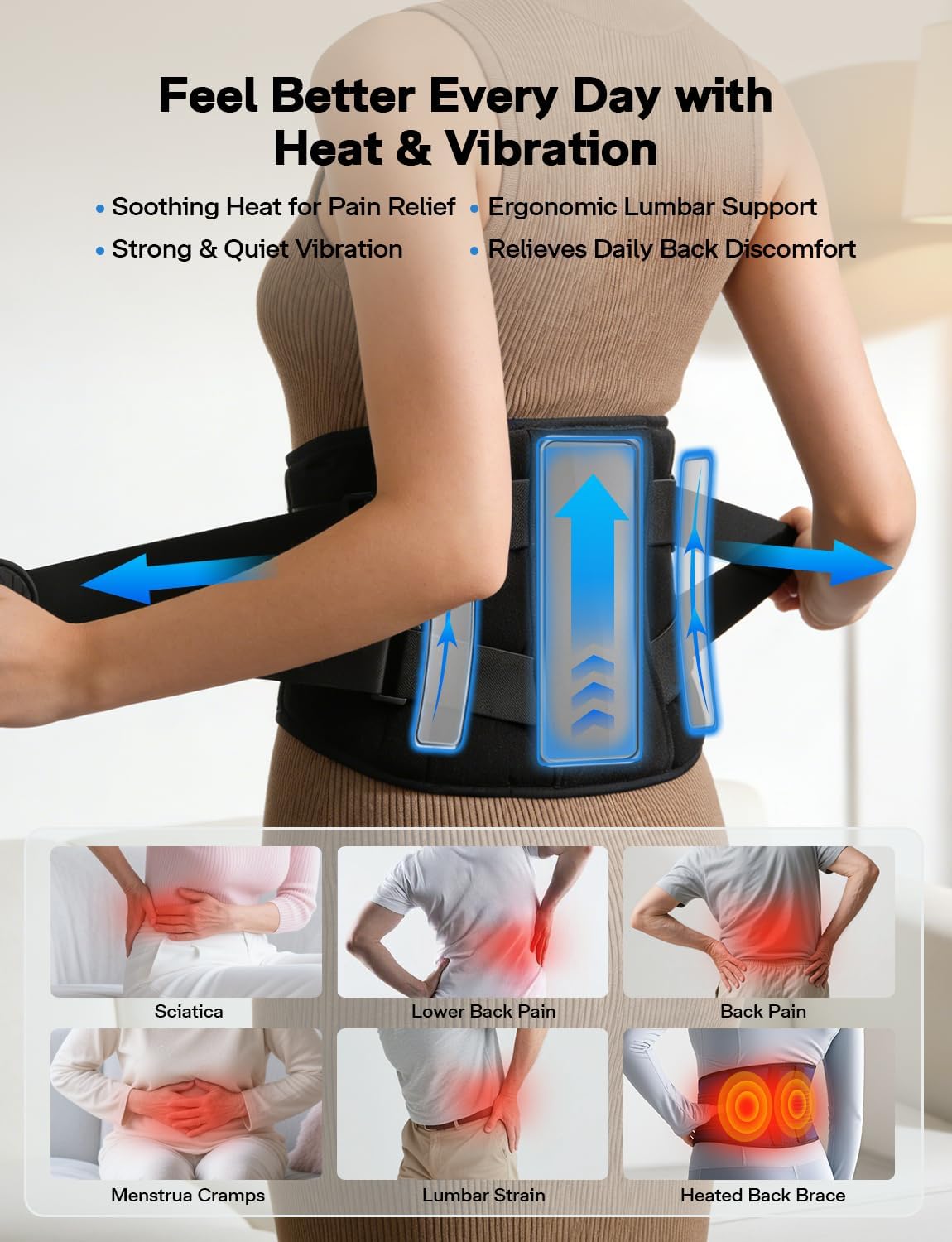 Cordless Heating Pad with Massager for Back Pain Relief, Gift for Women Men Mother Father, 47-60" Portable Lower Back Massager, Wearable Wireless Heating Pad for Cramps with 3 Heat&Timer, 5 Vibration