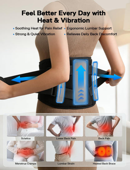 Cordless Heating Pad with Massager for Back Pain Relief, Gift for Women Men Mother Father, 47-60" Portable Lower Back Massager, Wearable Wireless Heating Pad for Cramps with 3 Heat&Timer, 5 Vibration