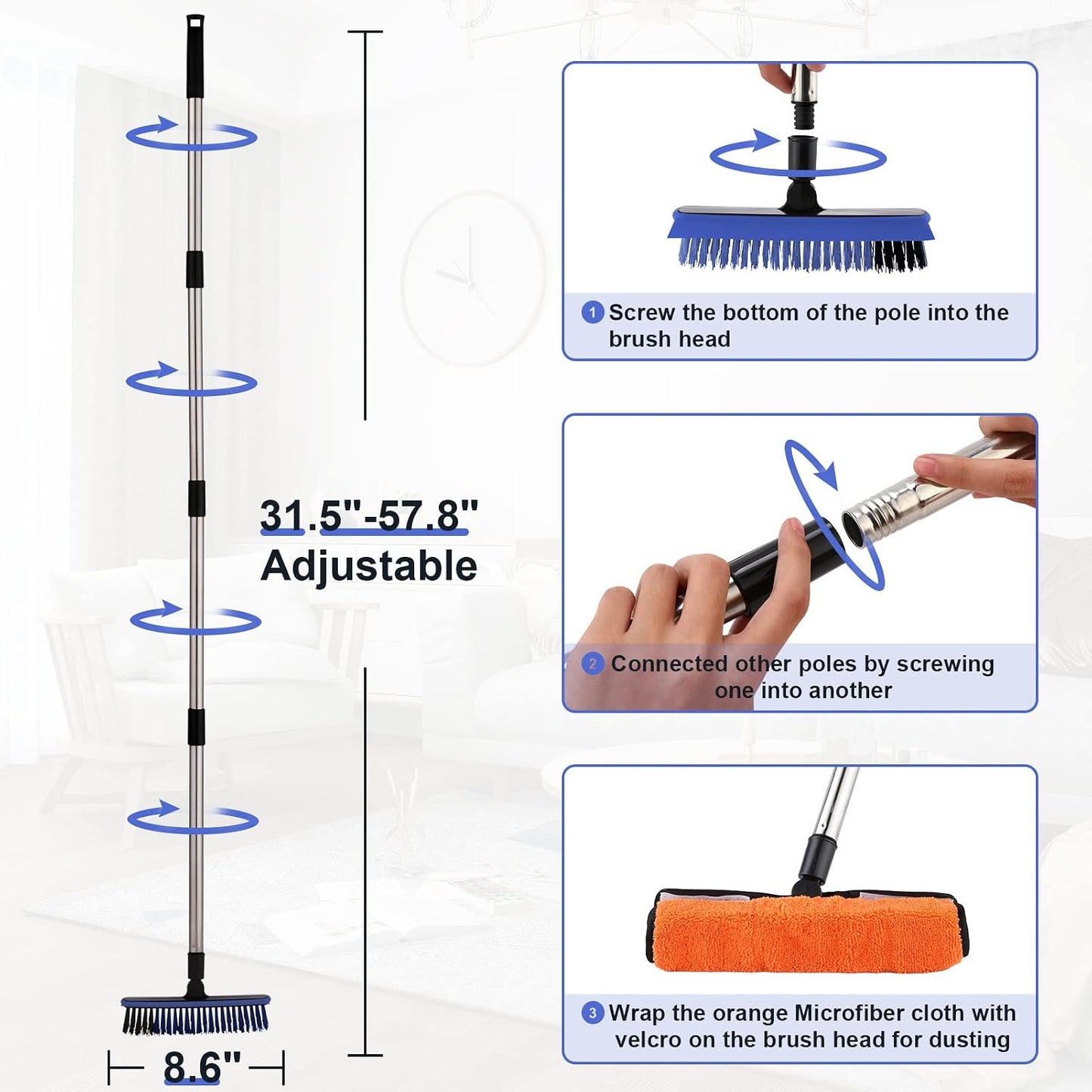 2 in 1 Floor Scrub Brush Grout Brush with 57.8" Long Handle,120°Rotatable Shower Tile Grout Cleaner Scrubber,V-Shaped Corner Brush for Hard to Reach Areas (Orange)