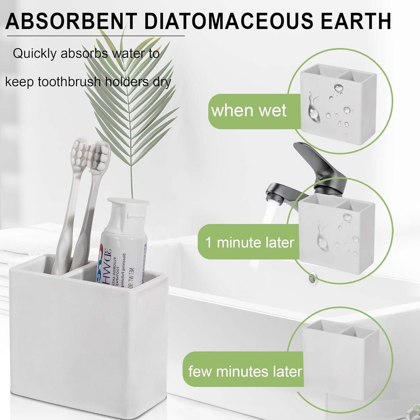 Diatomite Toothbrush Holder Toothpaste Organizer, Marble White | Quick Drying, Non-Slip, 2 Slots Kids Electric Tooth Brush Holder for Bathroom, for Countertop, Shower, Vanity