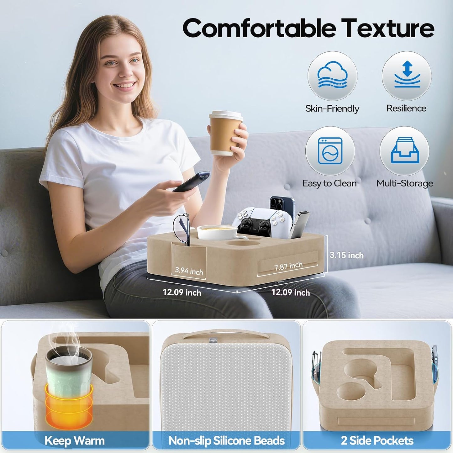 Couch Cup Holder Pillow, Sofa and Bed Caddy for iPad, Kindle, Switch, Game Controller, Remotes, Phones, Small-Sized Cup & Drink Holder for Couch, Bed, Desk, Car, Beach, Bathroom Cup Holder
