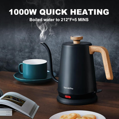 Nueve&Five Electric Gooseneck Kettle with Thermometer, 1.0L Pour Over Hot Water Kettle for Coffee and Tea, 1000W, Auto Shutoff, Boil-Dry Protection, Matte Black