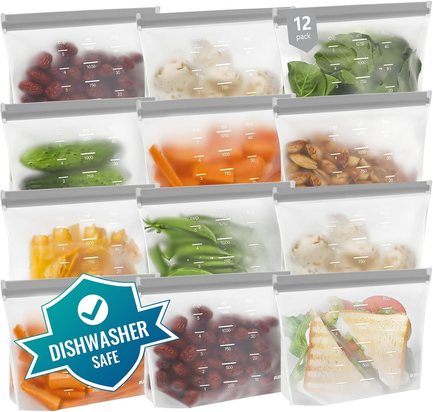 IDEATECH Reusable Bags Dishwasher Safe, BPA Free Reusable Gallon Freezer Bags, Stand Up Leakproof Food Storage Bags for Marinate Meats, Salad Fruit, Vegetables, Home Organization -Gray 6 Large Bags