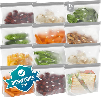 IDEATECH Reusable Bags Dishwasher Safe, BPA Free Reusable Gallon Freezer Bags, Stand Up Leakproof Food Storage Bags for Marinate Meats, Salad Fruit, Vegetables, Home Organization -Gray 6 Large Bags