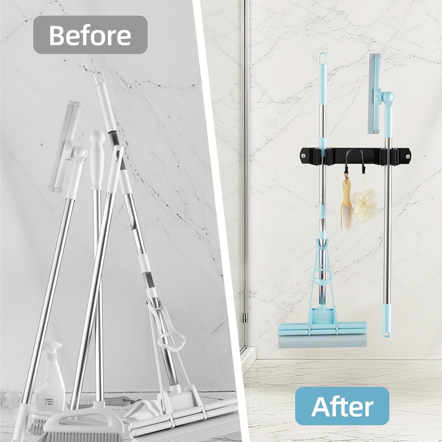 Broom Holder Wall Mount, Stainless Steel Mop and Broom Organizer, Broom Hanger with 2 Slots 2 Hooks for Home Kitchen, Garage, Garden and Laundry Room, Black