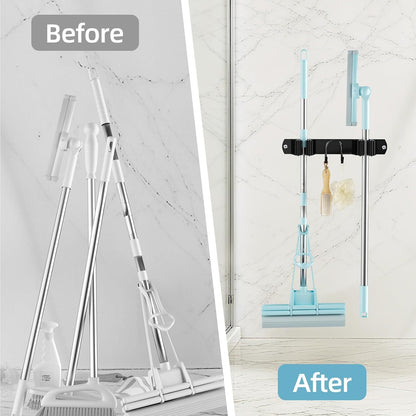 Broom Holder Wall Mount, Stainless Steel Mop and Broom Organizer, Broom Hanger with 2 Slots 2 Hooks for Home Kitchen, Garage, Garden and Laundry Room, Black