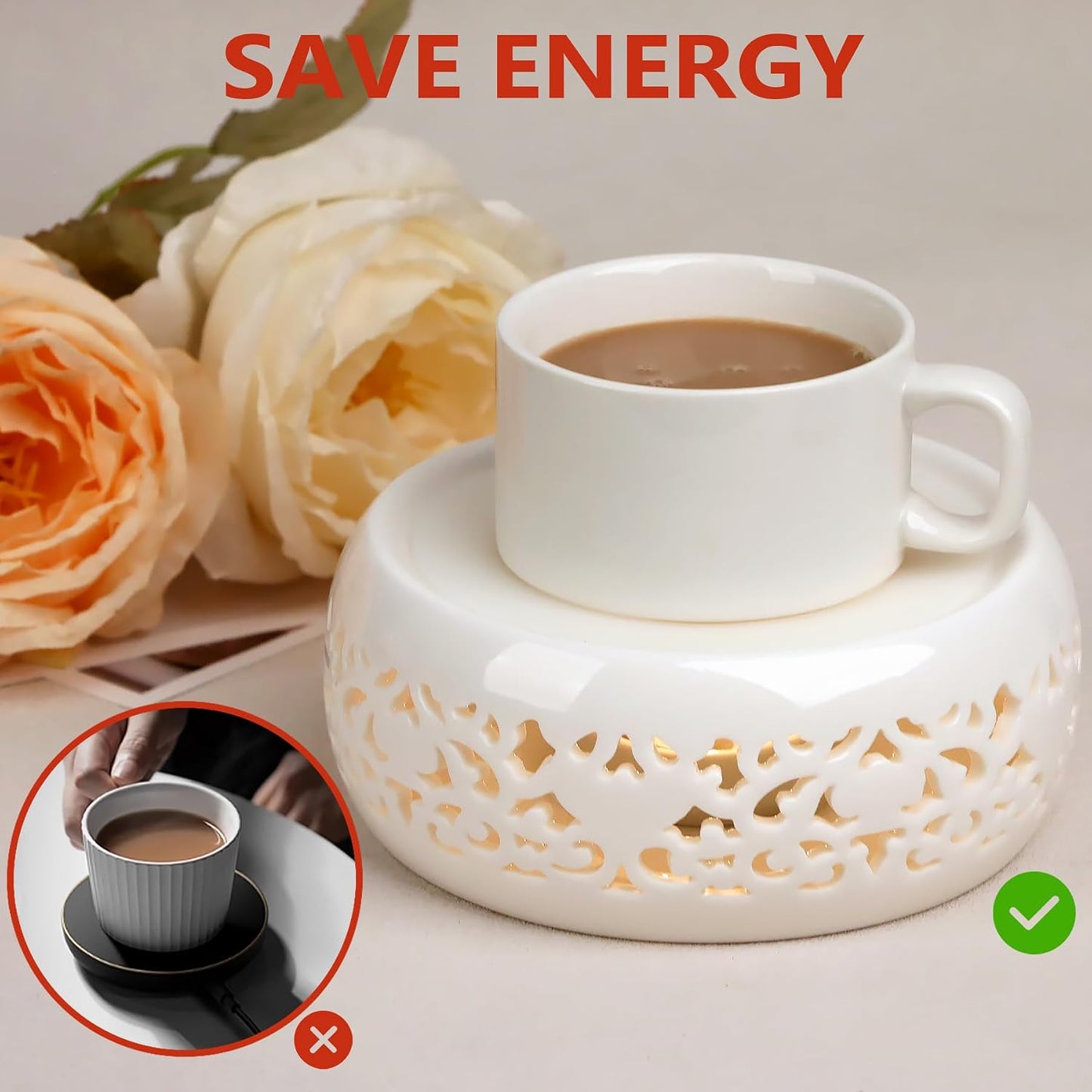 Teapot Warmer, Ceramic Tea Warmer with Tealight Holder, Teapot Heater for Heating Tea, Coffee, Milk, Tea Light Warmer (White)