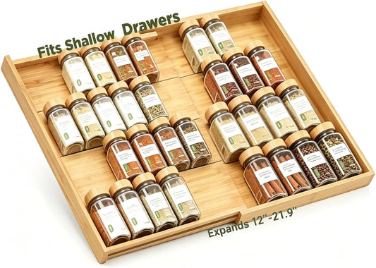 Bamboo Spice Drawer Organizer Expandable(Fits 2.6" Deep or Deeper Drawers), 4-Tier Spice Rack Drawer Insert for Kitchen Cabinets(12" - 22" Width),Adjustable Seasoning Storage Insert(Jars Not Included)