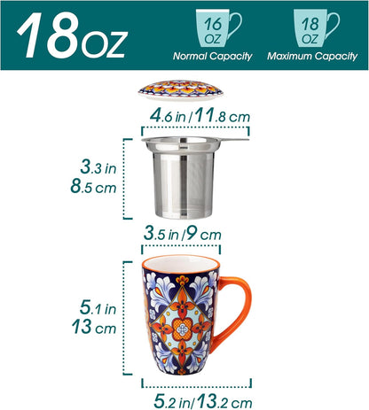vancasso Ceramic Tea Mug with Infuser and Lid, 18 Ounce Bohemian Loose Leaf Cup, Microwave & Dishwasher Safe, Perfect for Tea, Coffee, Burnt-Cobalt Mandala