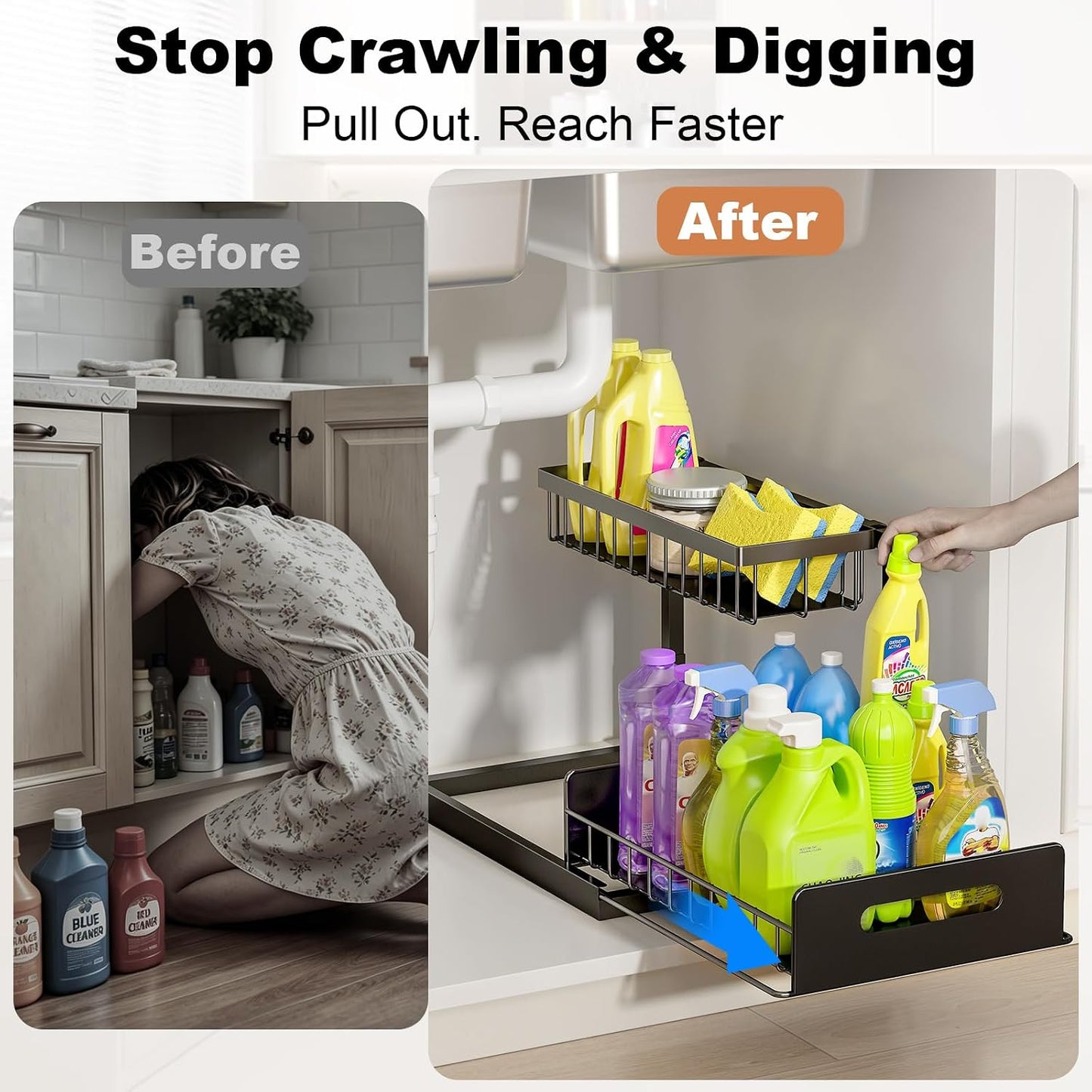Under Sink Organizer, L-Shaped 2 Tier Pull Out Cabinet Organizer | Slide Out Sink Shelf Cabinet Storage Shelves, Under Sink Storage for Kitchen Bathroom Cabinet, White, 1 Pack