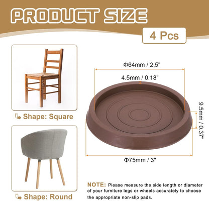 PATIKIL 4 Inch Rubber Furniture Pads, 4 Pack Non-Slip Furniture Coasters Round Anti Skid Caster Cups Furniture Feet Cup Floor Protectors for Bed Couch Stoppers, Brown