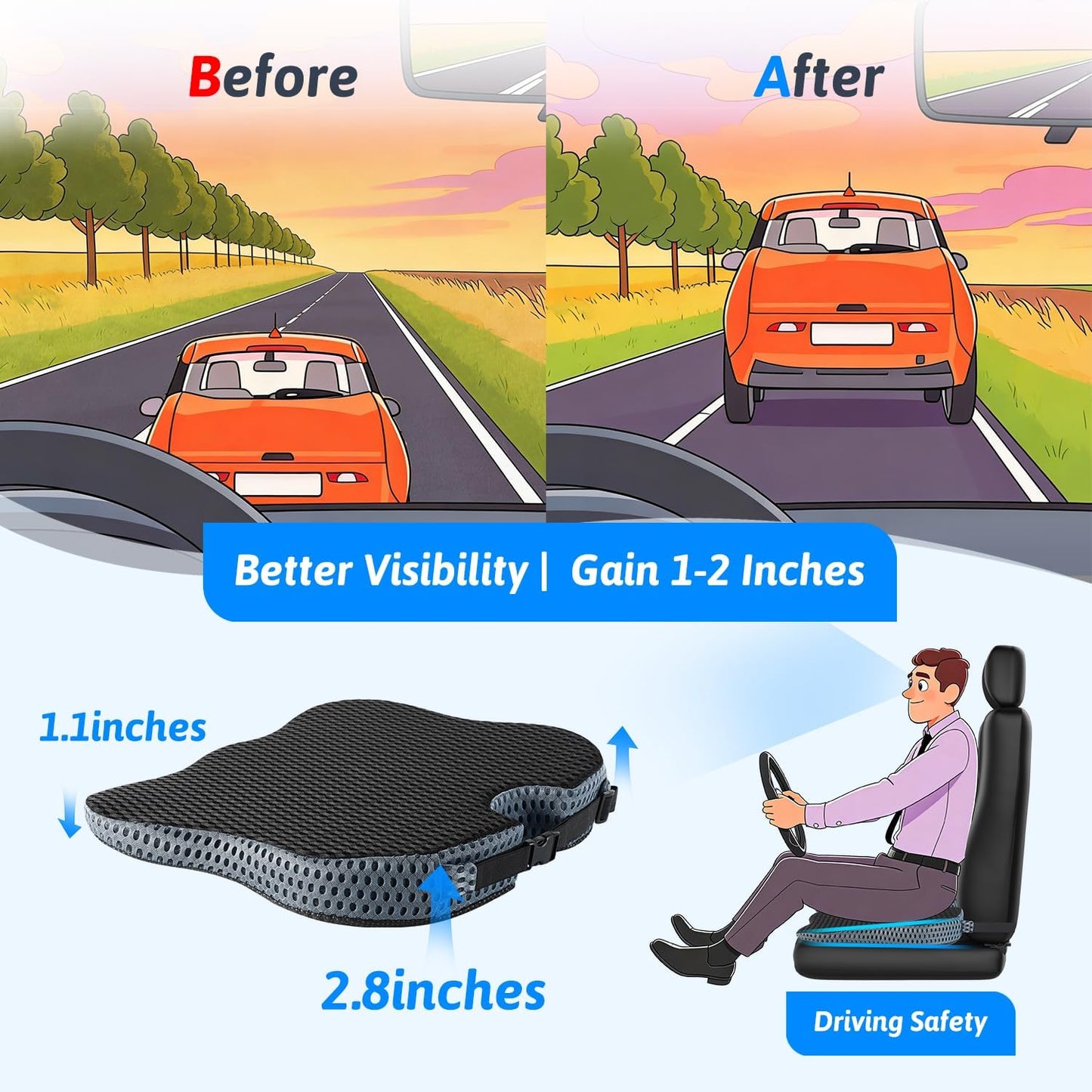 Wedge Car Seat Cushion for Better Visibility & Sciatica Pain Relief | High Density Memory Foam, Non-Slip Ergonomic Car Seat Cushion for Driving, Universal Fit for Car, SUV,Truck & Tractor