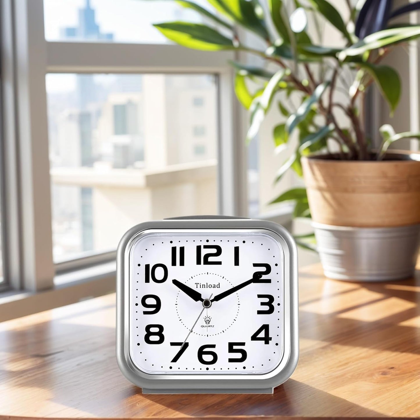 Tinload 5.5" Large Analog Alarm Clock Silent Non Ticking, Gentle Wake, Beep Sounds, Increasing Volume, Battery Operated Snooze and Manual Light, Easy Set, Black (Best for Elder)