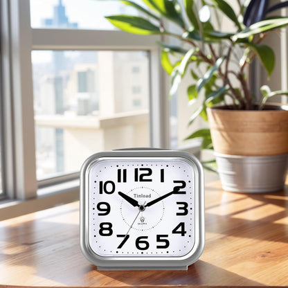 Tinload 5.5" Large Analog Alarm Clock Silent Non Ticking, Gentle Wake, Beep Sounds, Increasing Volume, Battery Operated Snooze and Manual Light, Easy Set, Black (Best for Elder)