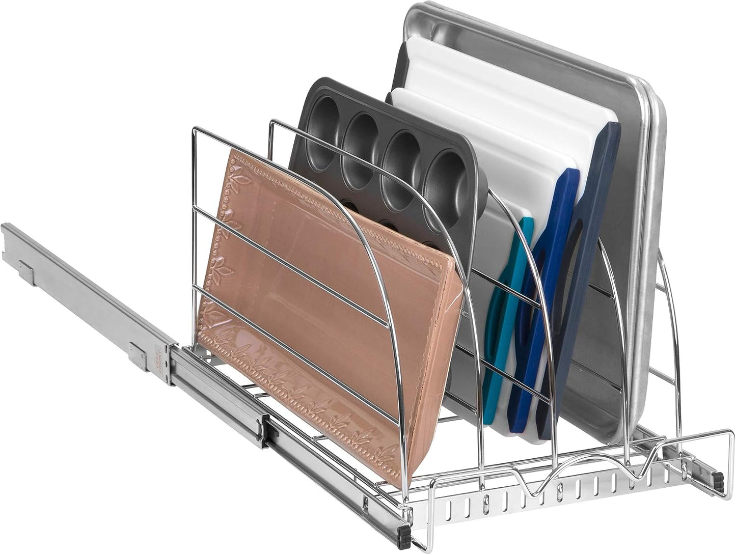 Pull Out Organizer for Bakeware, Cutting Board and Trays, 8.5"W x 21"D | Stores Cutting Board and Trays, Adjustable Dividers, Heavy Duty, Lifetime Limited Warranty - For Narrow Cabinet Spaces