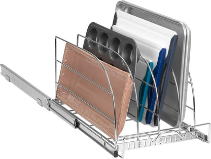 Pull Out Organizer for Bakeware, Cutting Board and Trays, 8.5"W x 21"D | Stores Cutting Board and Trays, Adjustable Dividers, Heavy Duty, Lifetime Limited Warranty - For Narrow Cabinet Spaces