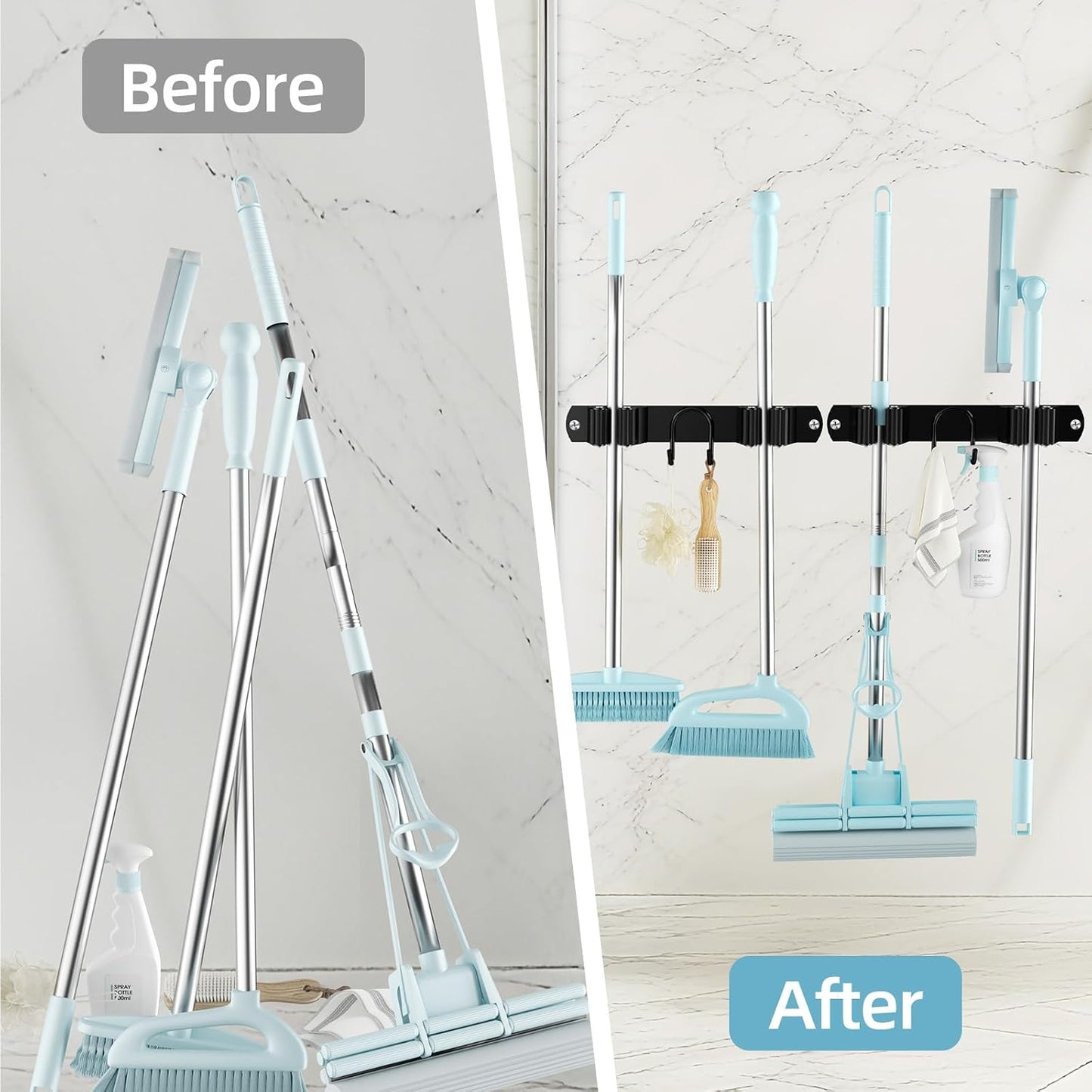 Broom Holder Wall Mount, Stainless Steel Mop and Broom Organizer, Broom Hanger with 2 Slots 2 Hooks for Home Kitchen, Garage, Garden and Laundry Room, Black