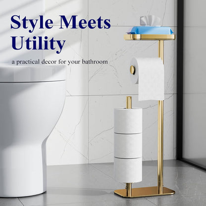 Kitsure Metal Toilet Paper Holder Free Standing, Medium, Black | Rustproof Toilet Paper Stand for 4 Rolls, Bathroom Organizers and Storage with Anti-Slip Base and Plastic Shelf