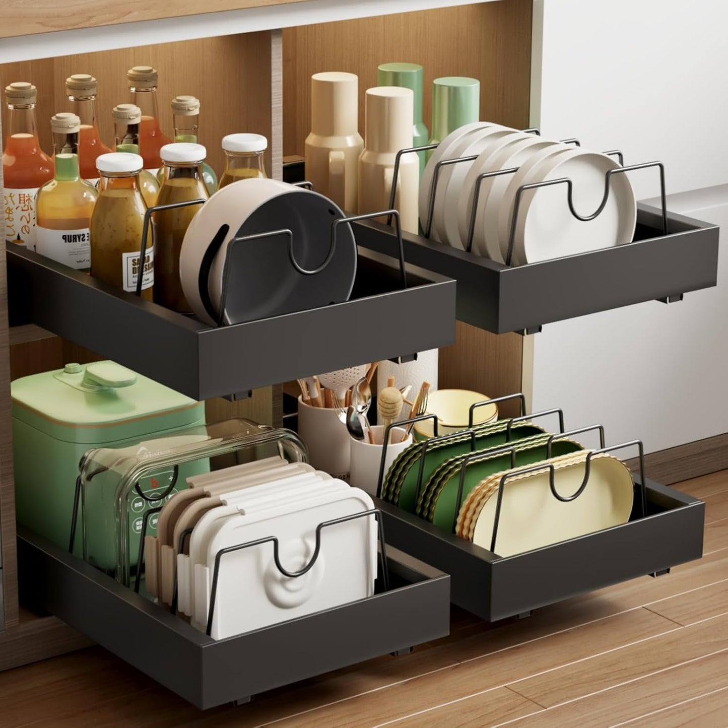 Mustorn 2 Pack Pull Out Cabinet Organizer, Slide Out Drawers for Cabinets, Peel and Stick, Heavy Duty Shelves for Kitchen, Cupboard, Pantry, Bathroom (16.5"D*11.8"W*3.94"H-Black)