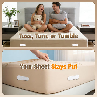 HOUSE AGAIN Bed Sheet Holders for Corners, 8-Point Grip Locking Clips & Straps Keep Fitted Sheets Firm, Tight and Smooth, No More Loose Sheets, Easy One-Time Installation (White)