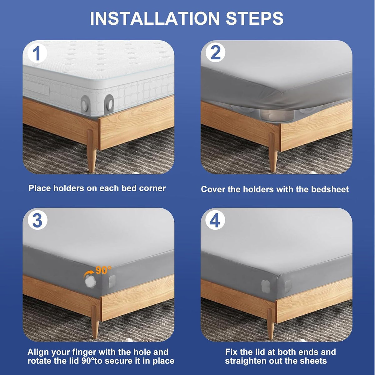 Bed Sheet Holders for Corners: 4 Pack Twist-Lock Clips Keep Sheets Tight Heavy-Duty Grippers Quick Install Fits All Mattresses（Grey）