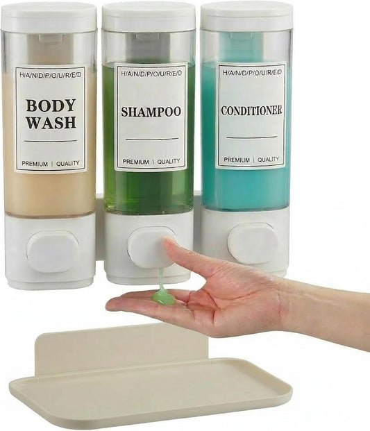 Shampoo and Conditioner Dispenser, Wall-Mounted Shower Soap Dispenser, 3 in 1 No Drill Wall Mounted Soap Dispenser, Large Capacity Triple Refillable Bottles for Bathroom, Hotel, Gym (White)