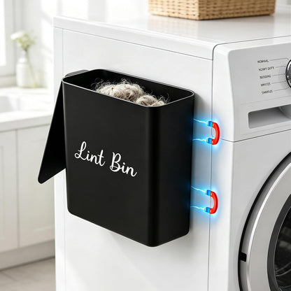 Magnetic Lint Bin with Lid for Laundry Room, Compact Plastic Dryer Lint Holder, Small Laundry Trash Container for Dryer Lint & Used Dryer Sheets, Space Saving Storage Decor Organizer (Black)