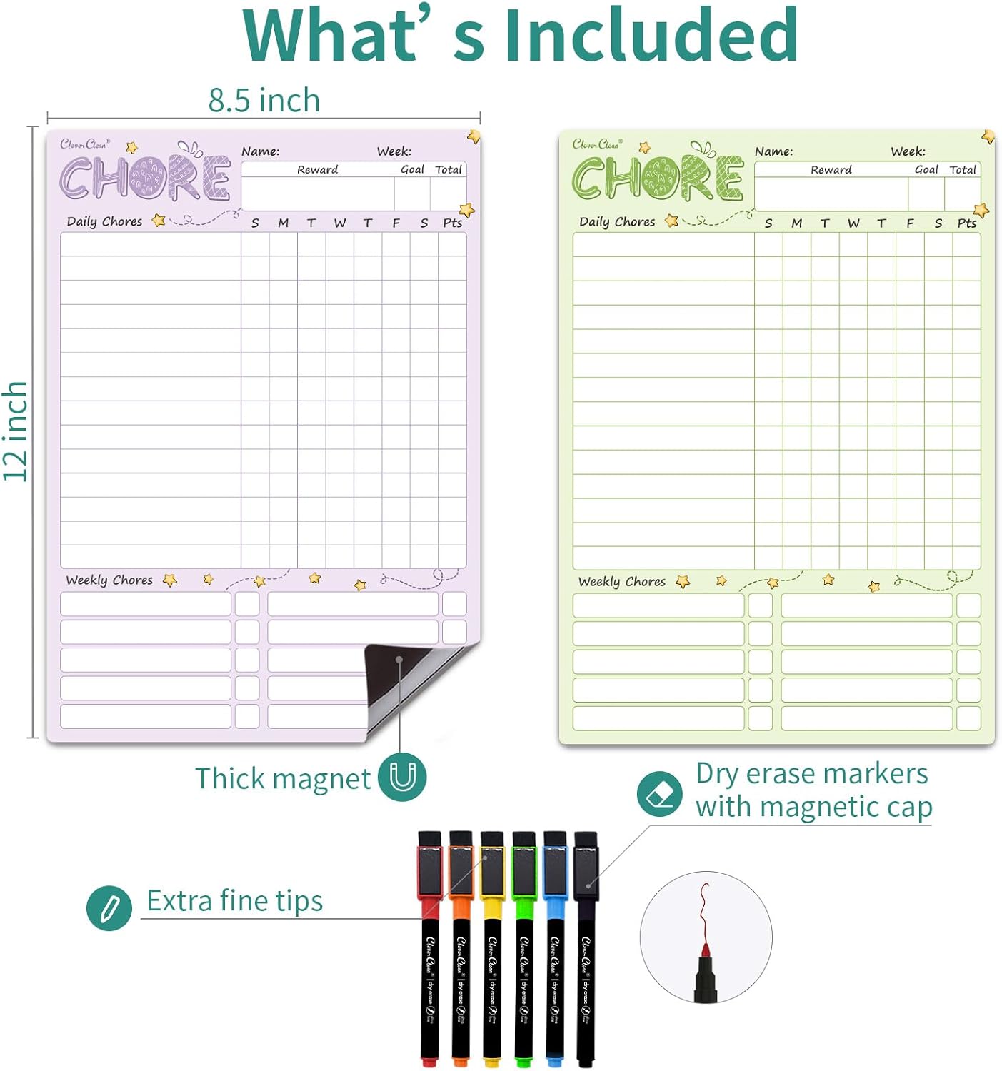 Magnetic Dry Erase Chore Chart - 8.5"x12" Behavior Responsibility Chore Board for Kids, Teenagers - 6 Extra Fine Point Markers Included - Shipped Flat 3 Pcs Blue Pink & Green