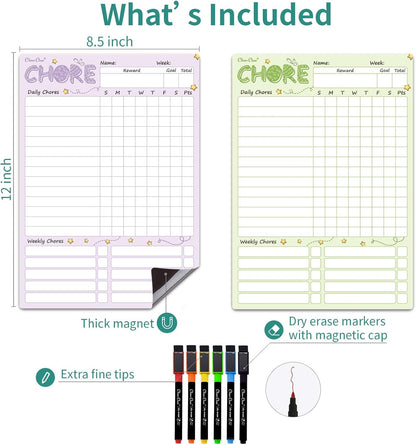 Magnetic Dry Erase Chore Chart - 8.5"x12" Behavior Responsibility Chore Board for Kids, Teenagers - 6 Extra Fine Point Markers Included - Shipped Flat 3 Pcs Blue Pink & Green