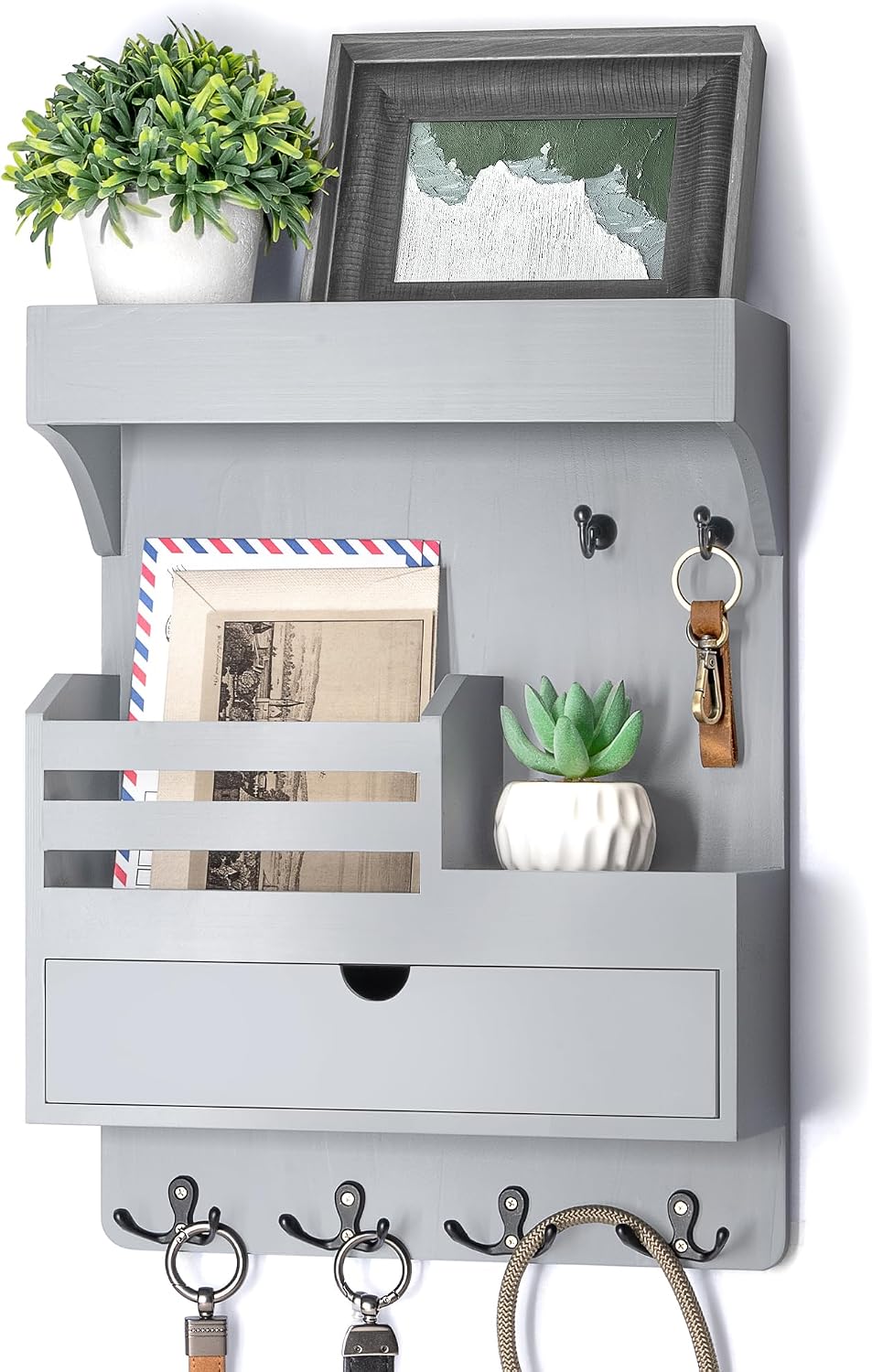 Rebee Vision Key Holder Wall Mount with Drawer Organizer for Entryway,Brown | Pine Wood, 6 Key Hooks, Display Shelf for Plants, Mail Slot for Storage Letter, Multi-Funtional Design, Home Storage