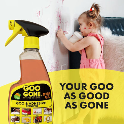Goo Gone Adhesive Remover Spray Gel 12 Oz with Scraper, Surface Safe | Citrus Cleaning Power for Hard Surfaces, Carpet & Fabric, Removes Glue, Stickers, Tape Residue, Grease, Gum & Wax, Drip Free