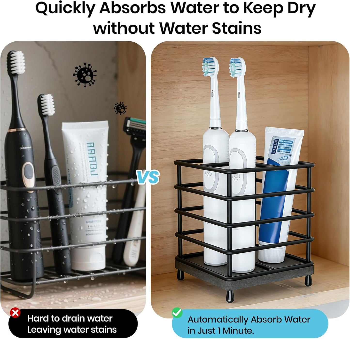 Toothbrush Holder with Quick Drying Mat—Toothbrush and Toothpaste Holders for Bathrooms—5 Slots Openwork Design Black Toothbrush Holder Set,Bathroom Counter Organizer for Electric Toothbrush