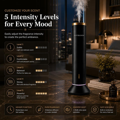 JUSTBLOOM Hotel Essential Oil Diffuser, Waterless Fragrance Diffuser | Up to 4000 Sq Ft: Smart App Control, Cold Air Diffusion, ,360° Ambient Light, Auto Shut-Off, Premium Aluminum Design