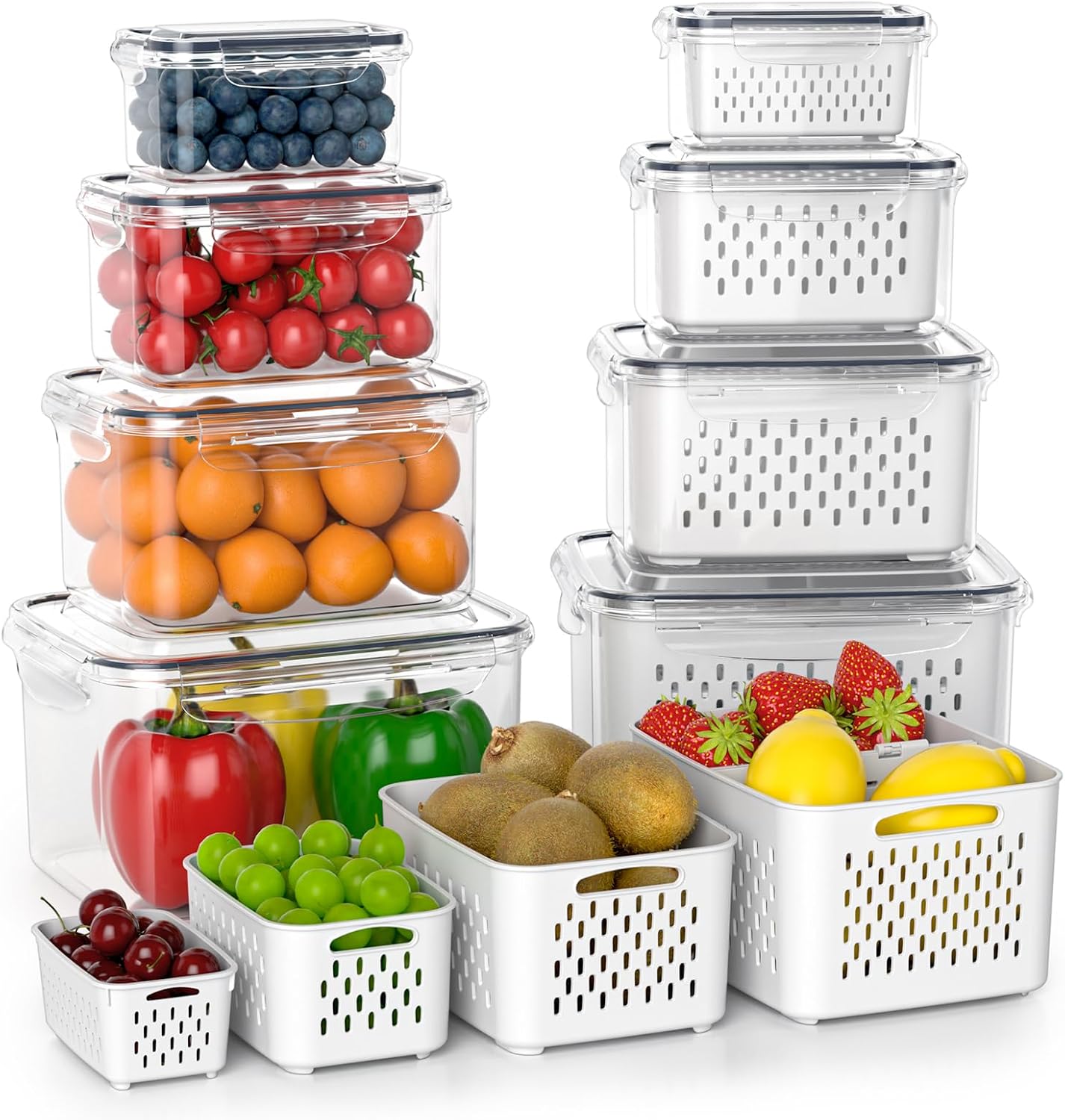 Anysig 8 Pack Fridge Fruit Storage Containers with Removable Colander | Fruit Containers for Fridge with 2 Function Divider Plate, Airtight Storage Container, Dishwasher Safe,Keep Berry Fruit Fresh