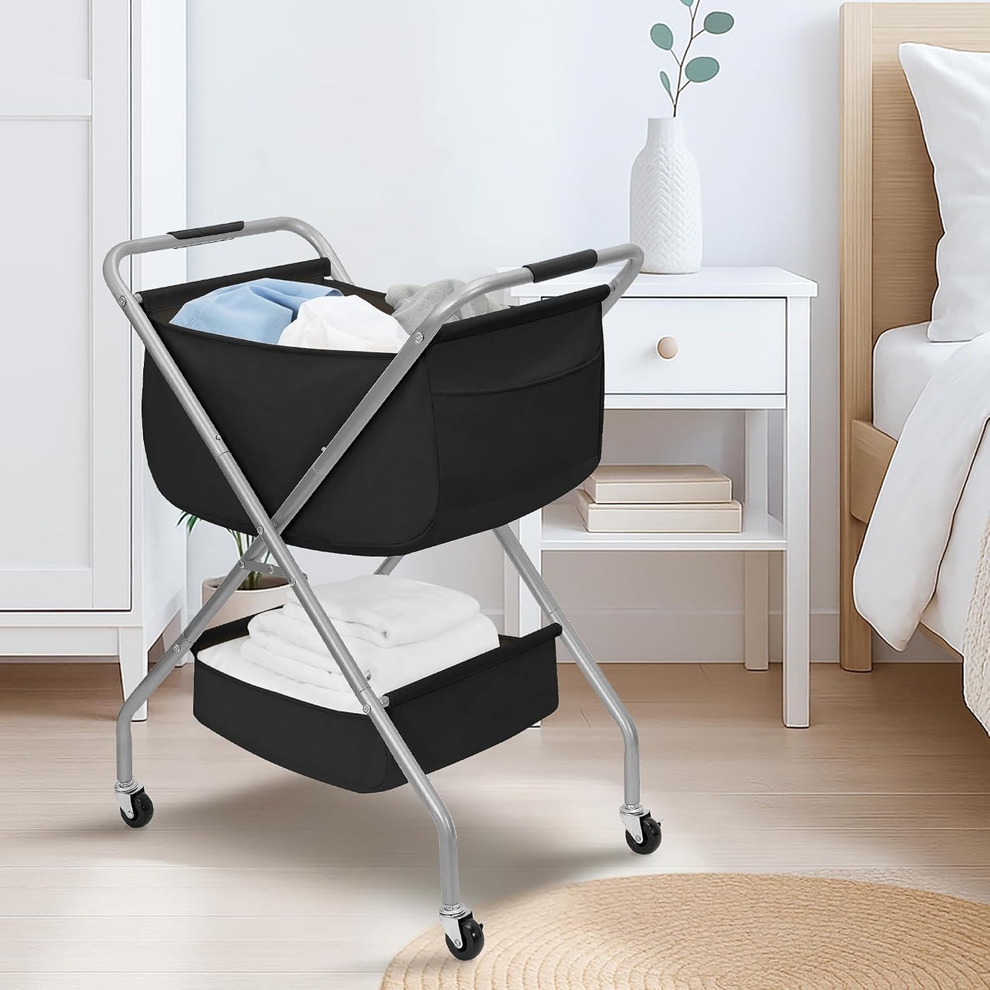 STORAGE MANIAC Collapsible Laundry Cart with Wheels 35.6"H Removable Canvas Bag Rolling Laundry Hamper Clothes Basket with Wheels, Sturdy Steel Frame Folding for Small Narrow Space Easy Storage, Beige