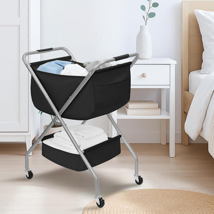 STORAGE MANIAC Collapsible Laundry Cart with Wheels 35.6"H Removable Canvas Bag Rolling Laundry Hamper Clothes Basket with Wheels, Sturdy Steel Frame Folding for Small Narrow Space Easy Storage, Beige