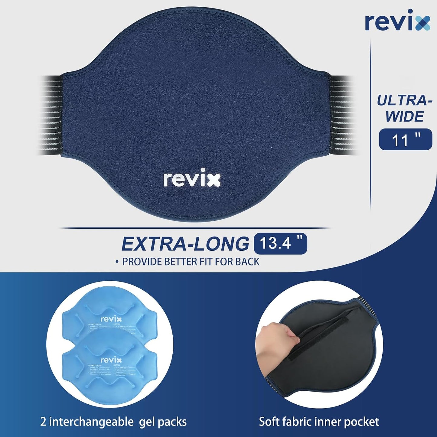 REVIX Extra Large Lower Back Ice Pack Wrap, 2 Pack Gel Wrap for Lumbar | Reusable Cold Gel for Sciatica & Waist Relief, 13.4 x 11 in, Hands-free Lumbar Wrap for Men & Women, Blue