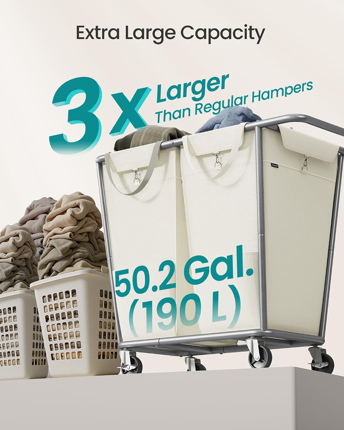 SONGMICS Laundry Basket with Wheels, 3-Section Laundry Sorter, 76.6 Gallons (290 L) Rolling Hamper with Removable Bags, Heavy-Duty Steel Frame, Cream White, Dark Gray and Ink Black URLS010X01