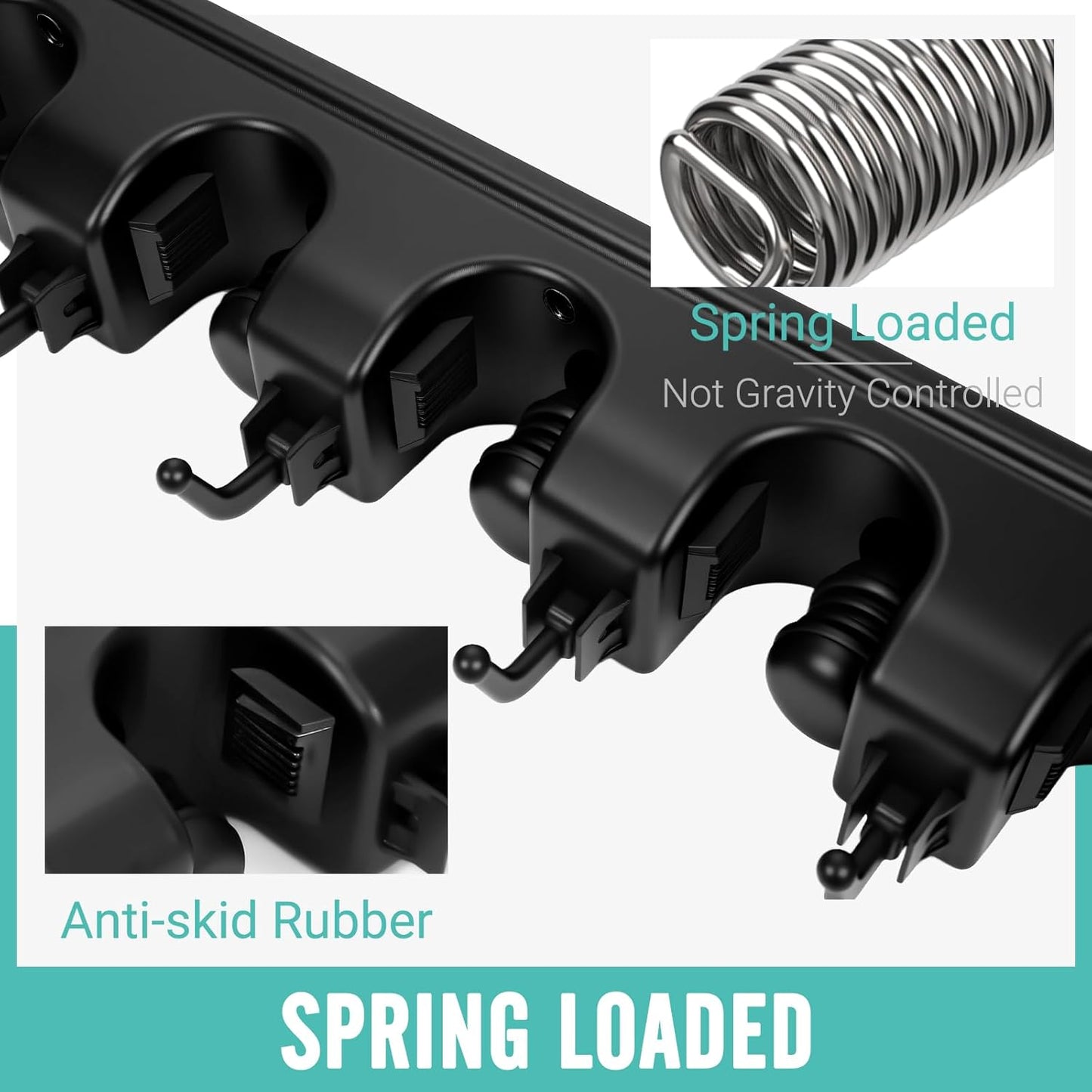 InPoTo Wall Mount Broom Holder 5 Slots 6 Hooks Mop Organizer Rack | Heavy Duty Construction -35 LBS Capacity, 5 Spring-loaded Ball Slots With Anti-Skid Rubber,Easy Installation ,Space Saving