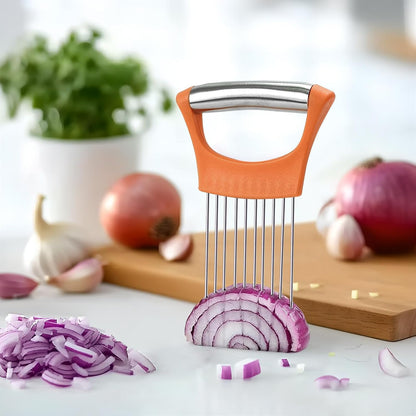 Stainless Steel Onion Holder for Slicing,Onion Slicer Holder,Kitchen Gadget | Green Onion Slicer Holder, Onion Cutter for Slicing of Onions, Tomatoes, Avocados, Eggs and Other Vegetables