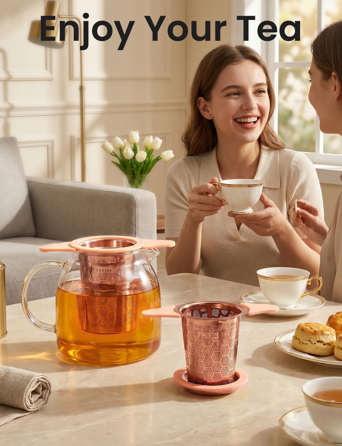 Tea Infuser for Loose Leaf Tea,Stainless Steel Tea Infuser with Heat Proof Silicone Handles,Extra Fine Mesh Tea Strainers Filter Fine Tea Leaves Effectively,Fits TeaPots/Mugs