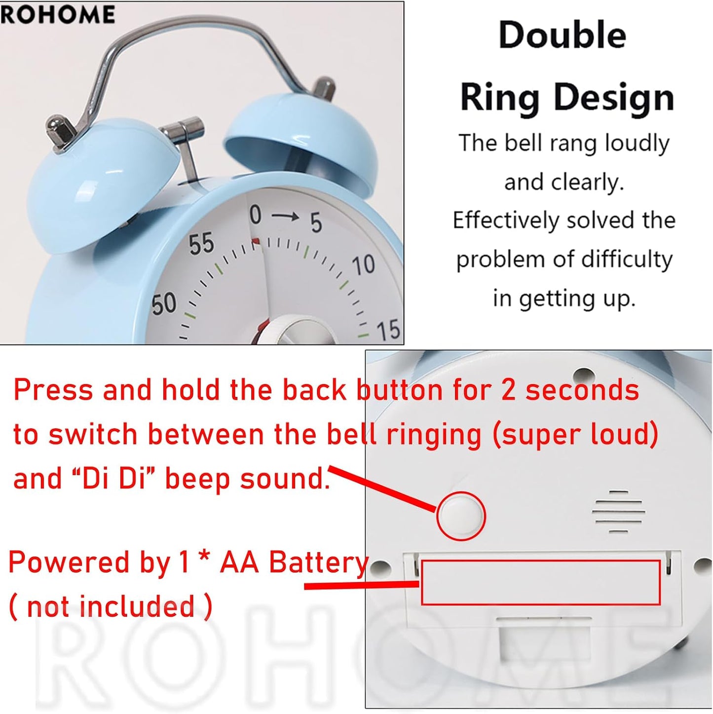 Visual Timer, 60 Minutes Analog Countdown Timer with Loud Double Bell Alarm, No Ticking Metal Time Management Table Clock for Kids Teacher School Classroom Cooking Kitchen Office ADHD (Blue)