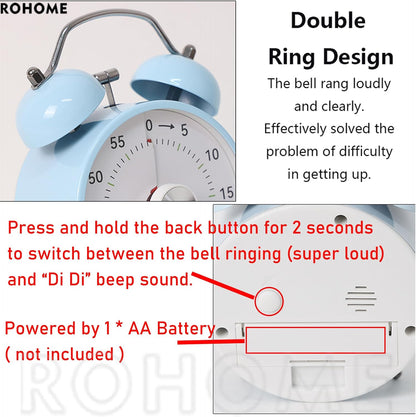 Visual Timer, 60 Minutes Analog Countdown Timer with Loud Double Bell Alarm, No Ticking Metal Time Management Table Clock for Kids Teacher School Classroom Cooking Kitchen Office ADHD (Blue)